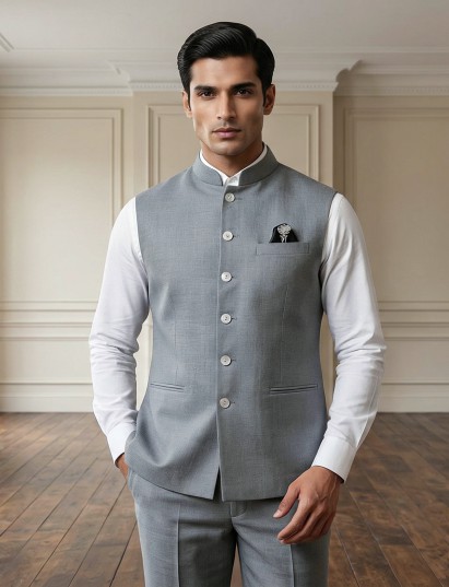 Stone grey classic cotton linen waistcoat