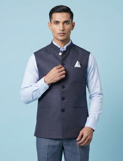 Navy blue polished cotton linen waistcoat