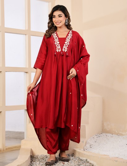 Maroon silk mirror embellished festive kurti set with dupatta