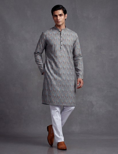 Classic grey cotton silk printed ethnic kurta suit