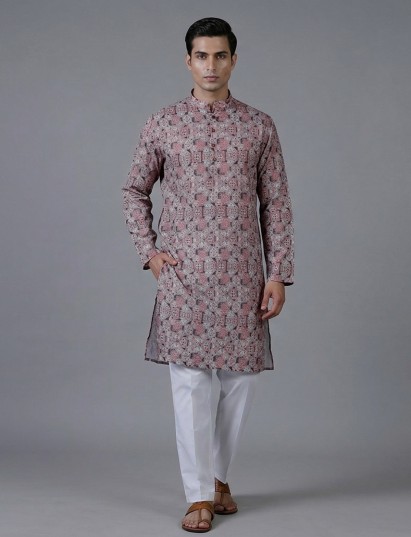 Mauve purple cotton silk festive printed kurta suit