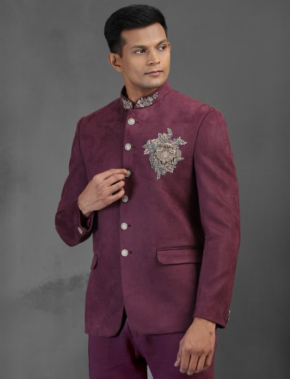 Wine velvet luxurious jodhpuri suit with crest detailing
