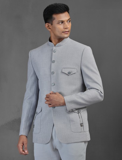 Grey modern terry rayon jodhpuri suit for men