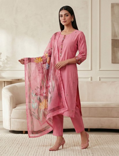 Pink silk straight cut festive kurti set with dupatta
