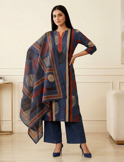 Navy blue cotton silk printed festive kurti set with dupatta