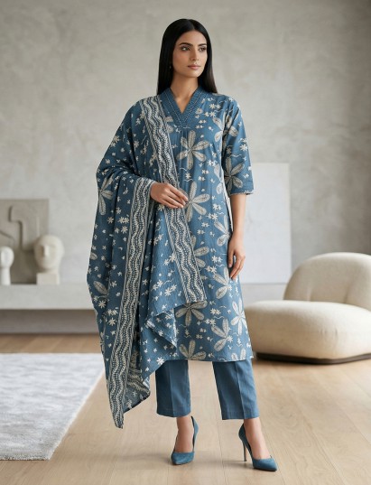 Stone grey cotton silk floral printed casual kurti set