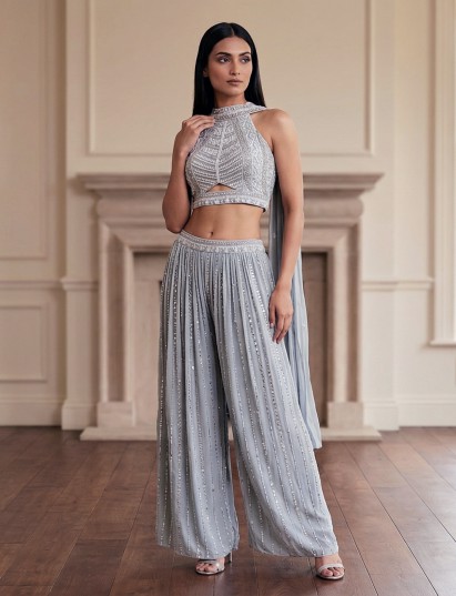 Silver grey georgette halter neck sleeveless palazzo suit