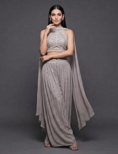Soft beige georgette halter neck embroidered palazzo suit