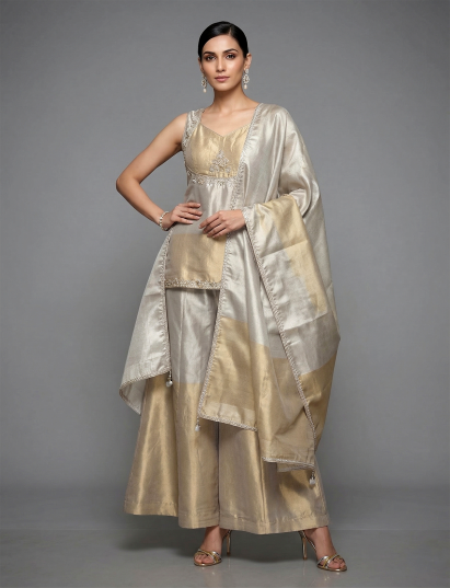 Rich gold silk sweetheart neck embellished palazzo suit
