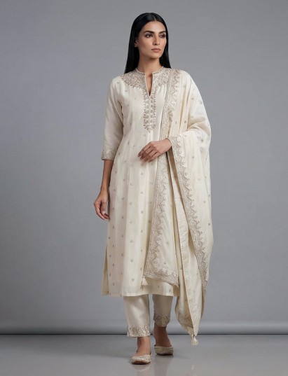 Cream silk anarkali style festive salwar suit