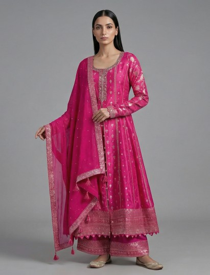 Rani pink silk pakistani anarkali palazzo outfit