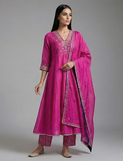 Rani pink cotton tissue festive yoke design suit