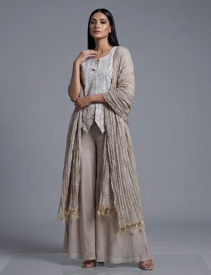 Beige chiffon silk embellished festive palazzo set