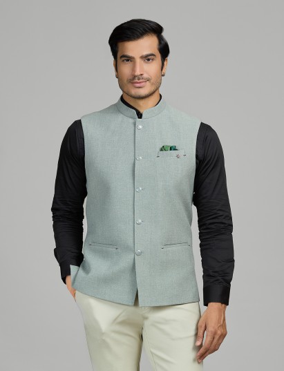Mint green jute nehru waistcoat for men