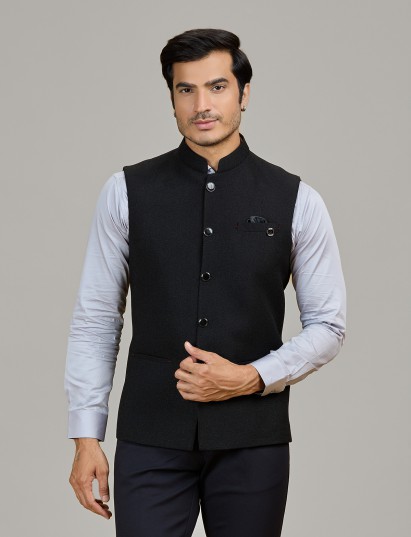Sleek black jute waistcoat for modern celebrations