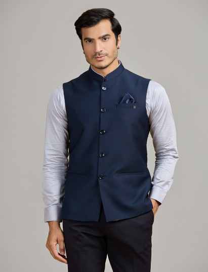 Premium navy terry rayon waistcoat for wedding ensembles