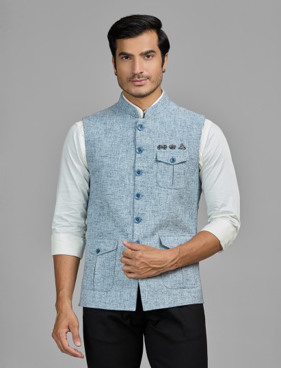 Sky blue terry rayon waistcoat with pocket detailing