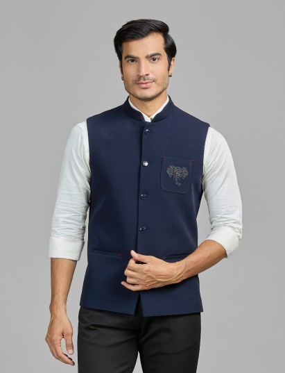 Navy terry rayon waistcoat with embroidered pocket detail