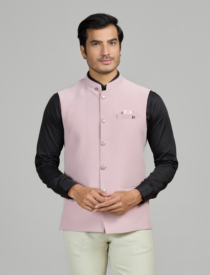 Pastel pink terry rayon waistcoat set for festive wear