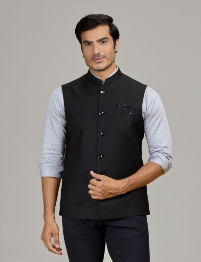 Black terry rayon waistcoat for evening party looks