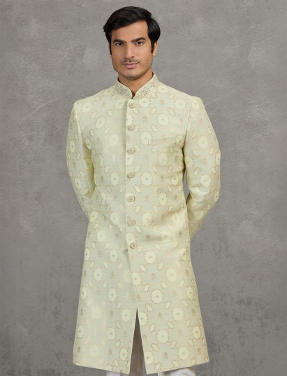 Ivory elegant jacquard wedding indowestern set with zari work