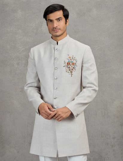 Beige classic matka silk indowestern set for reception wear