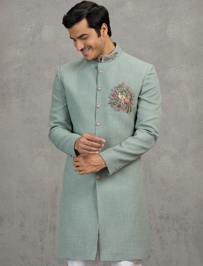 Sage green stylish jute wedding indowestern set
