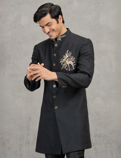 Black regal linen viscose wedding indowestern set with detailed crest work