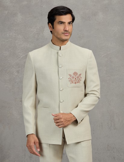 Cream sophisticated terry rayon jodhpuri suit for wedding wear