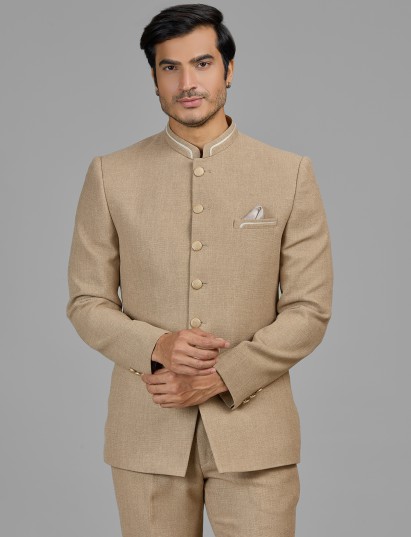 Dark beige jute jodhpuri suit for formal wear