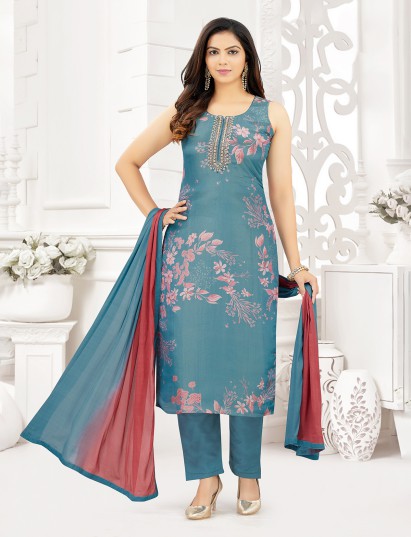 Sky blue silk mirror work festive suit