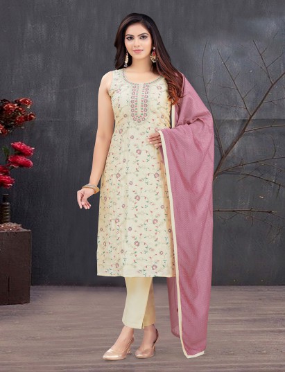 Cream silk embroidered and sequins work straight cut salwar suit