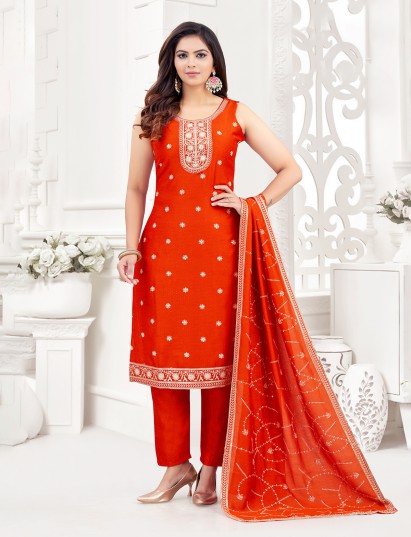 Orange silk resham and sequins work pakistani style salwar suit