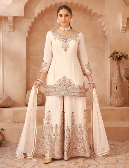 Off white chiffon embroidered festive palazzo suit