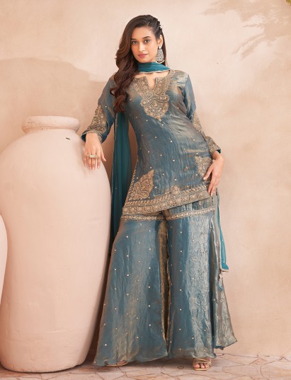 Pastel blue silk mirror embroidered sharara suit