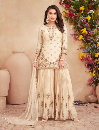 Cream chiffon silk embroidered festive palazzo set