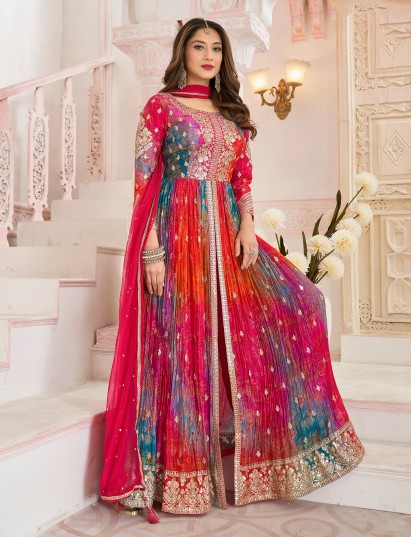 Multicolor silk anarkali printed festive ethnic suit