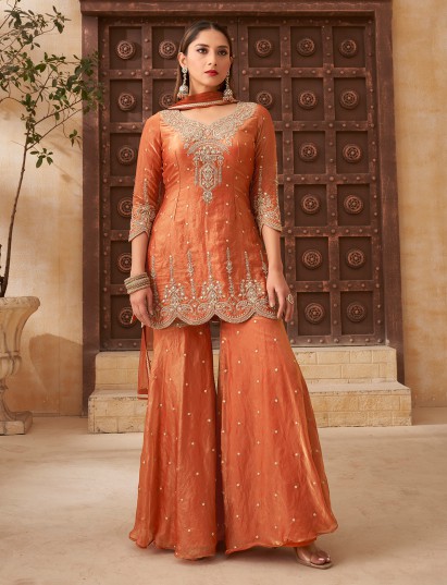 Rust orange organza tissue silk festive palazzo suit