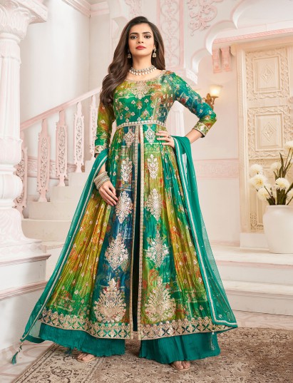 Green silk embroidered anarkali festive palazzo suit