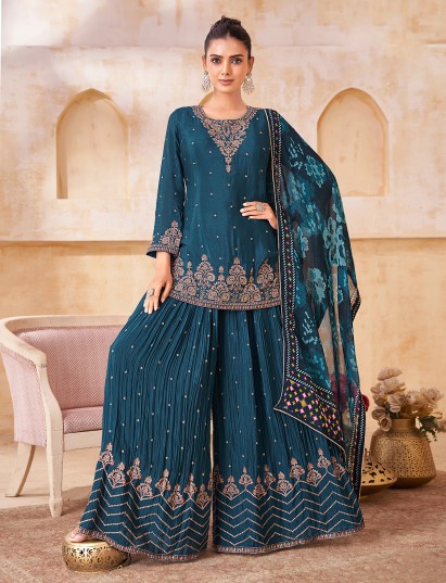 Blue silk embroidered pakistani style palazzo suit