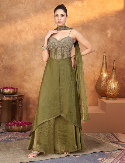 Mehendi green tissue silk festive embroidered palazzo suit