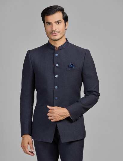 Navy blue jute jodhpuri suit for party wear