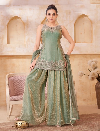 Pista green tissue silk designer festive palazzo suit