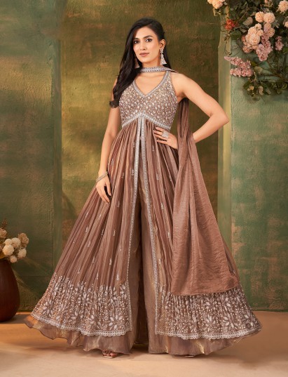 Pastel brown tissue organza anarkali festive palazzo suit