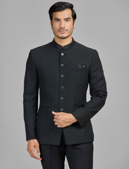 Black jute jodhpuri suit for evening wear