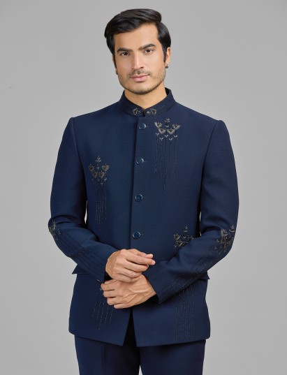 Navy terry rayon jodhpuri suit with cutdana work