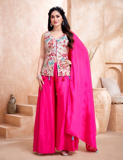 Elegant rani pink silk resham sequins palazzo suit