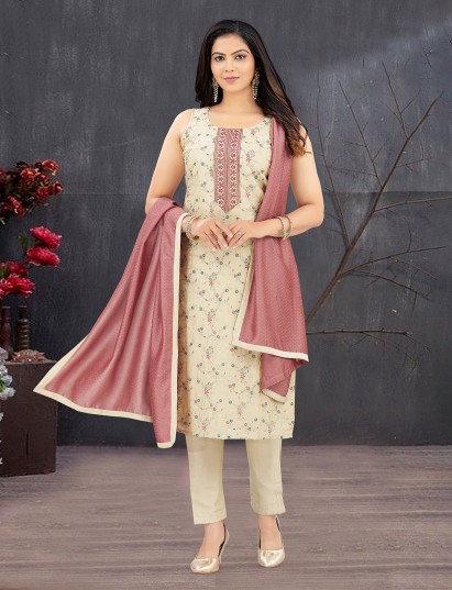 Classic cream silk embroidered straight cut salwar suit