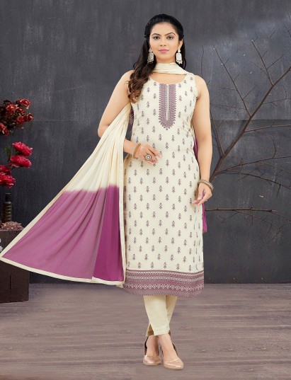 Cream silk sequins embroidered straight suit with dupatta