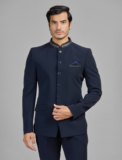 Navy terry rayon jodhpuri suit for party wear